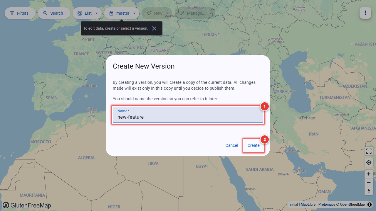 Screenshot of the create version dialog.