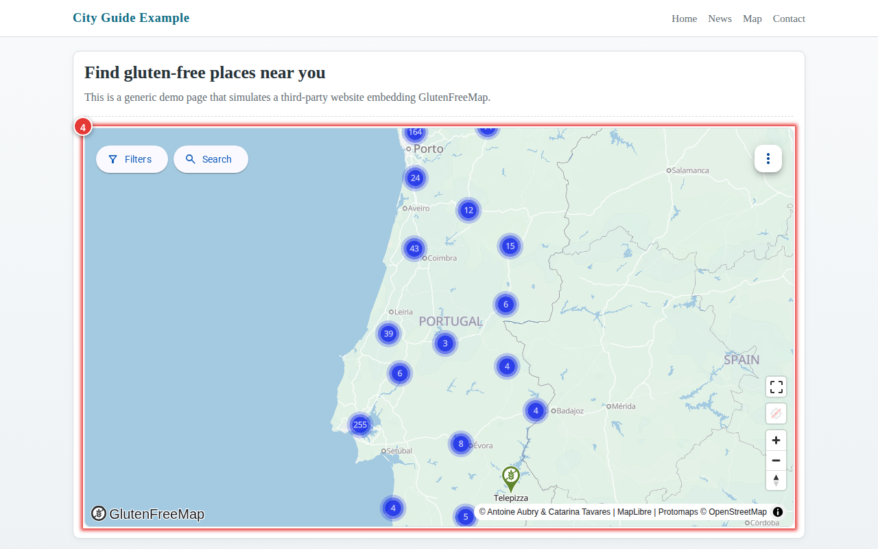 Screenshot of a sample website, with GlutenFreeMap embedded into it.