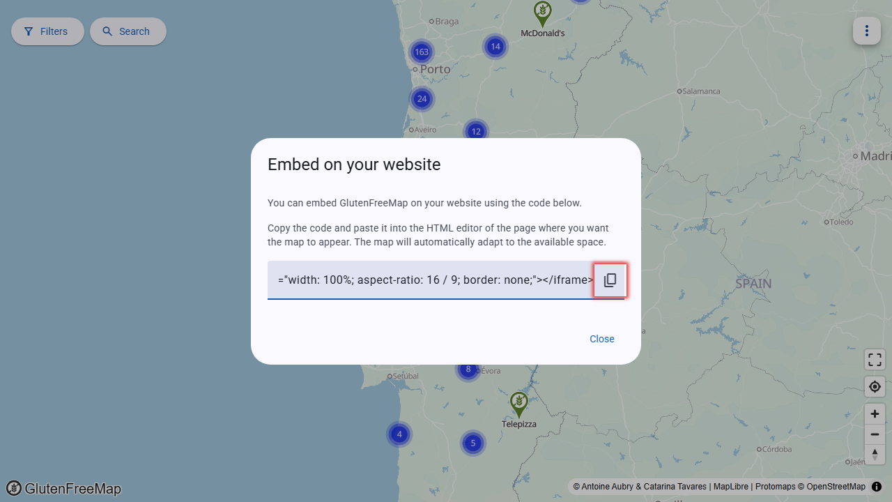 Screenshot of the embed dialog, highlighting the copy button.