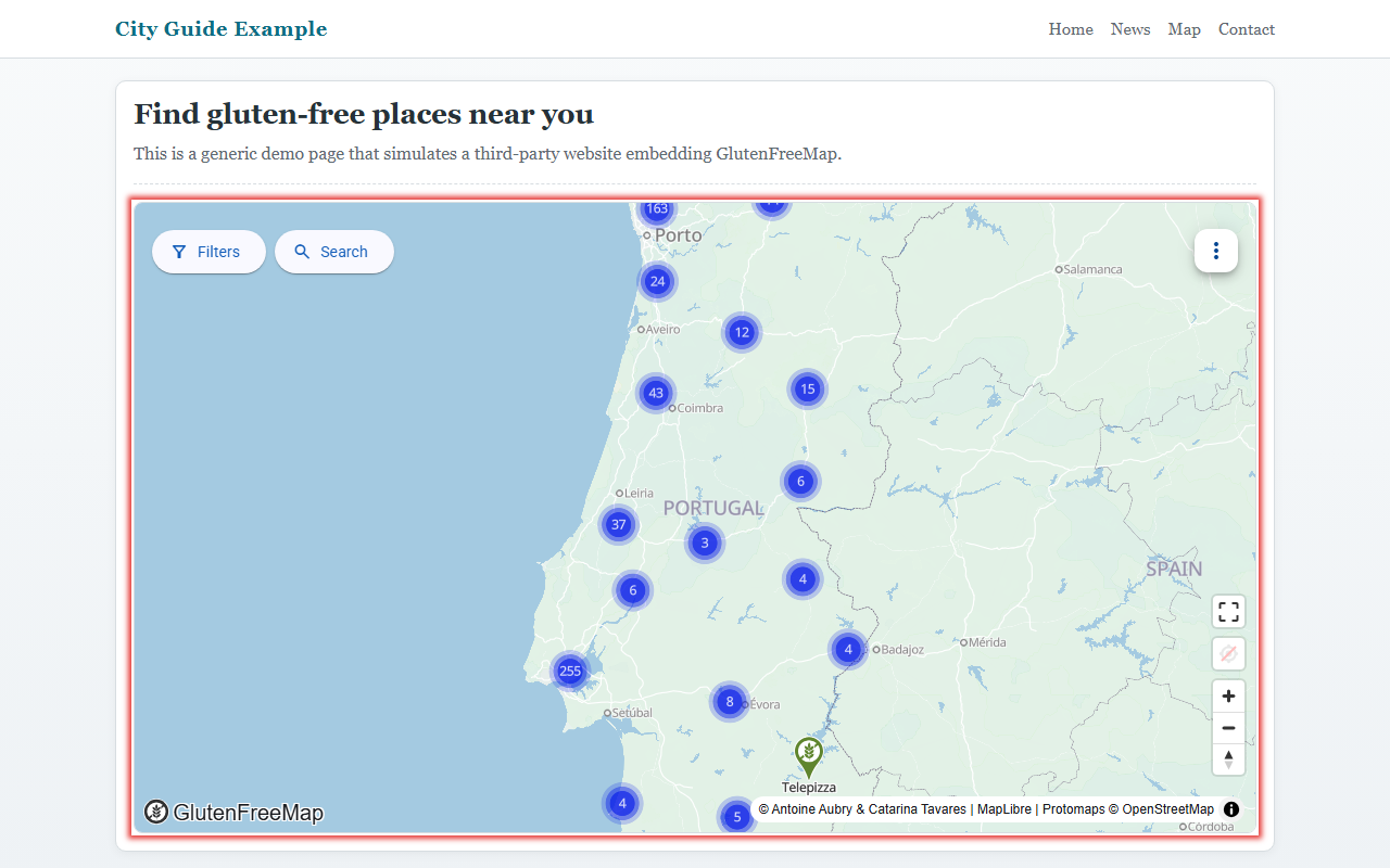 Screenshot of a sample website, with GlutenFreeMap embedded into it.