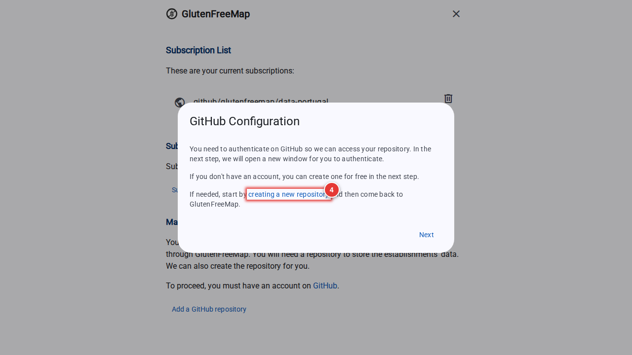 Screenshot of the GitHub configuration screen, highlighting the "creating a new repository" button.