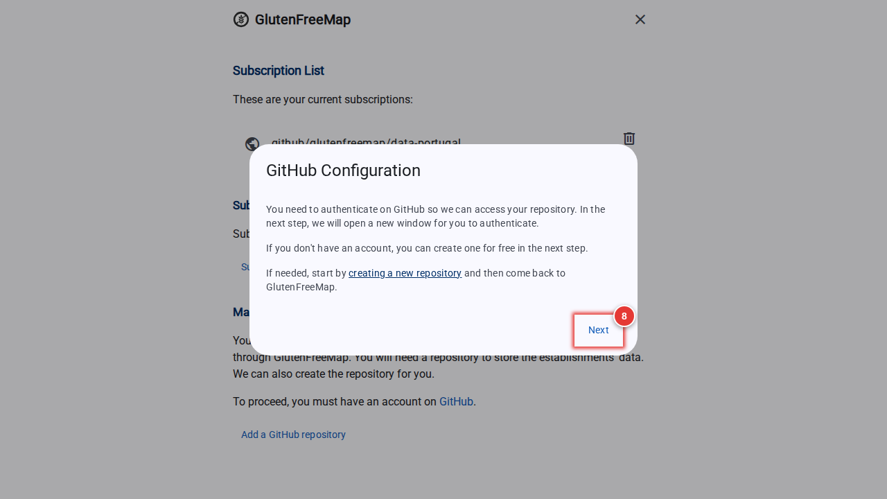 Screenshot of the GitHub configuration screen, highlighting the "Next" button.