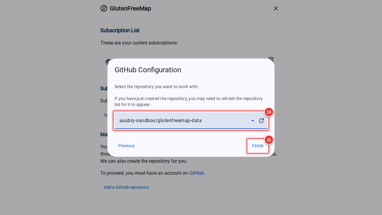 Screenshot of the GitHub configuration screen, highlighting the repository selector and the "Finish" button.