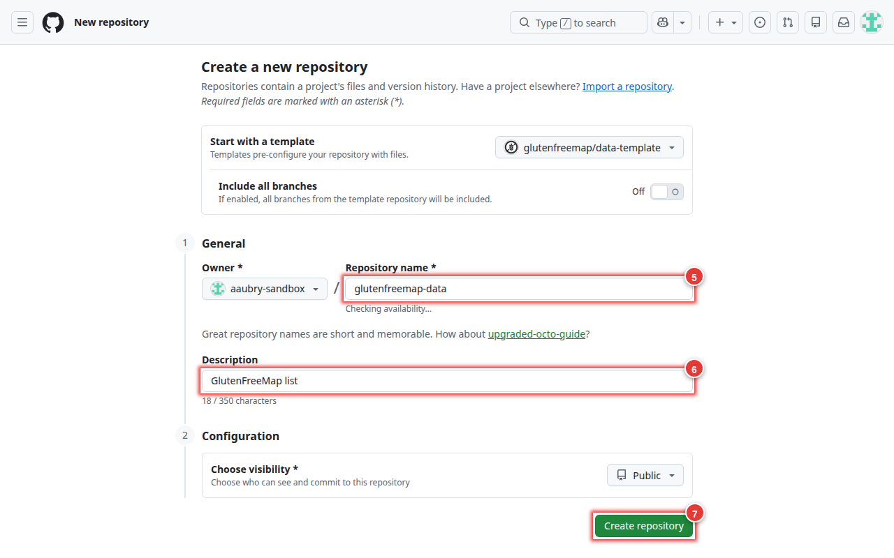Screenshot of the GitHub repository creation page.