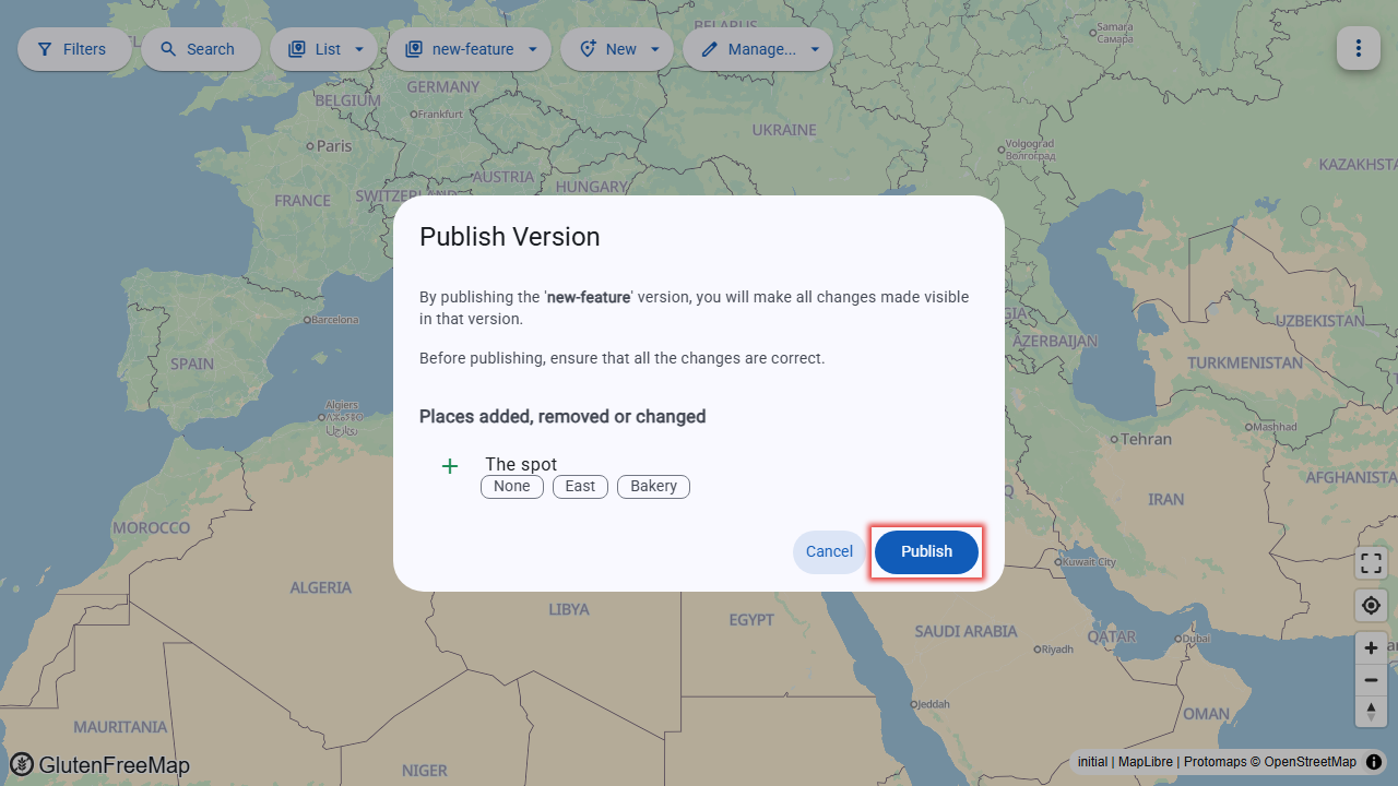 Screenshot of the "Publish" version dialog.