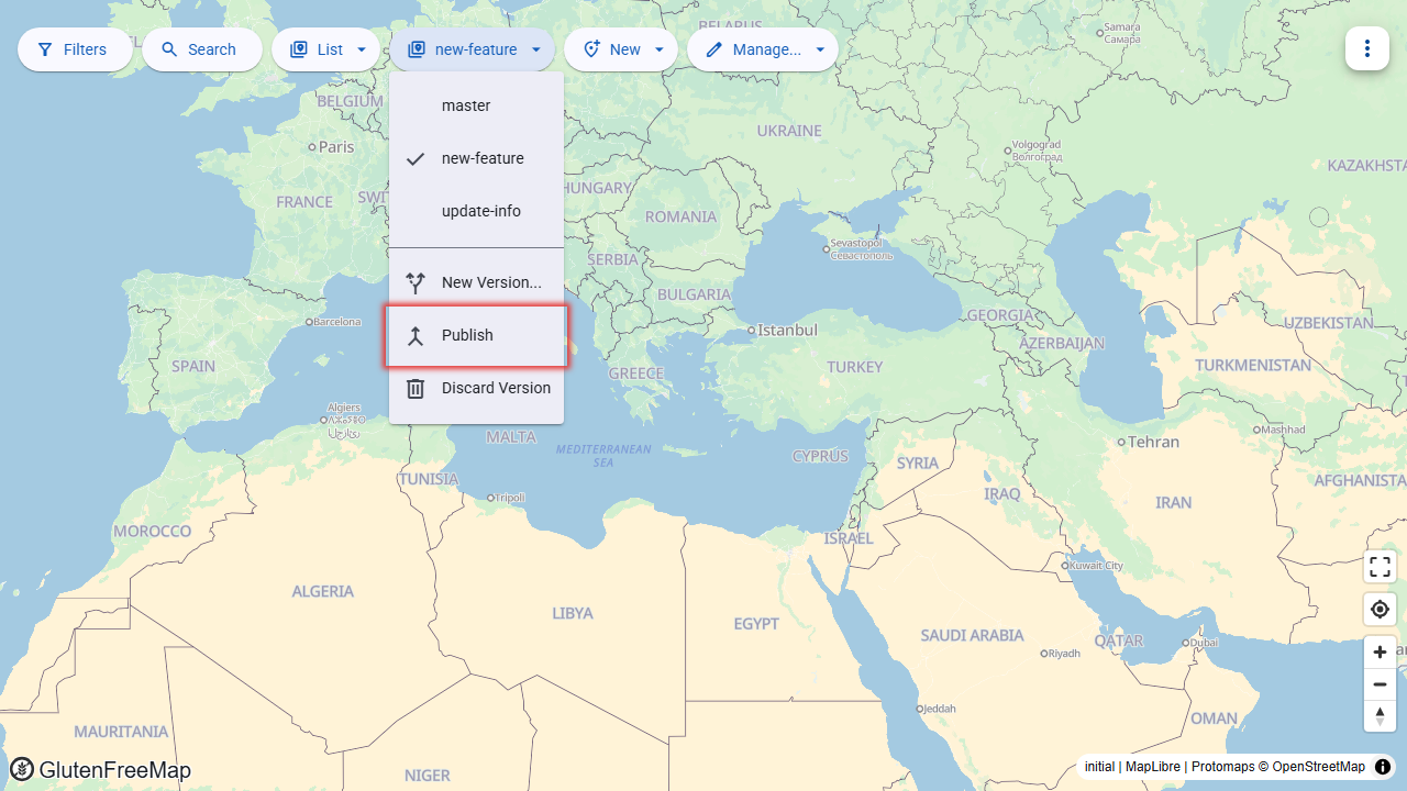 Screenshot of the version selector menu showing the "Publish" button.