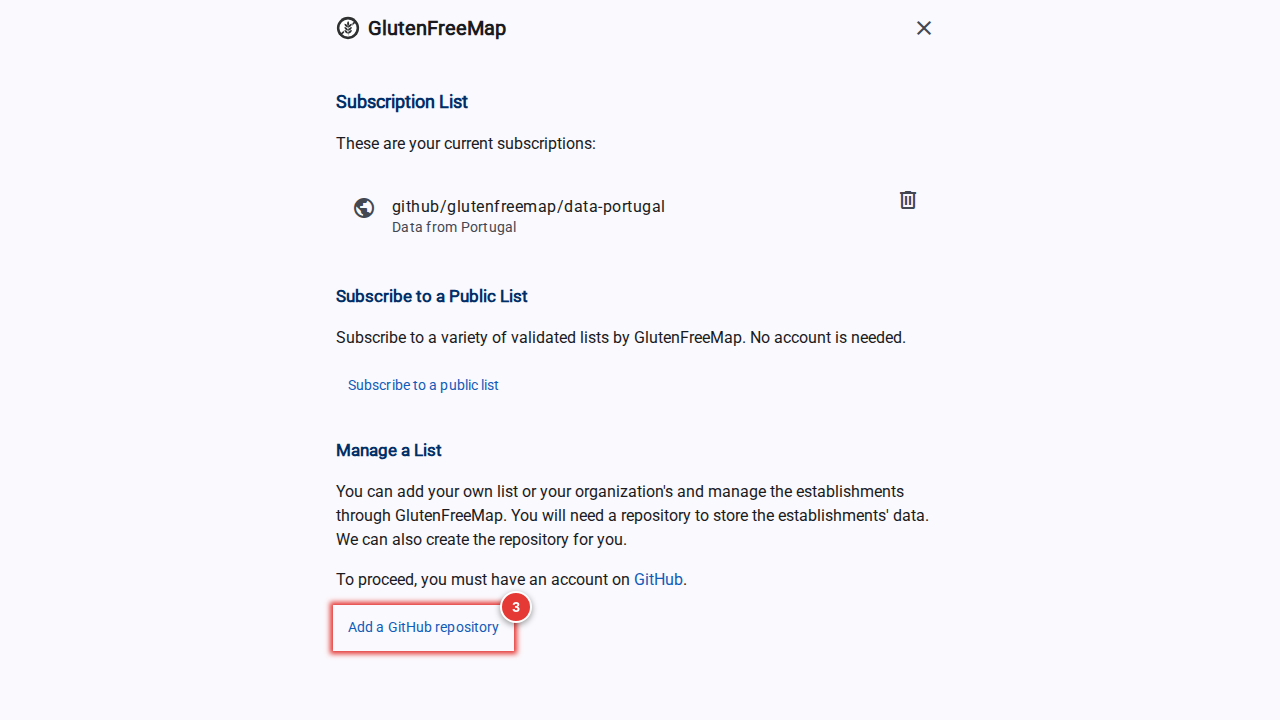 Screenshot of the settings screen, highlighting the "Add a GitHub repository" button.