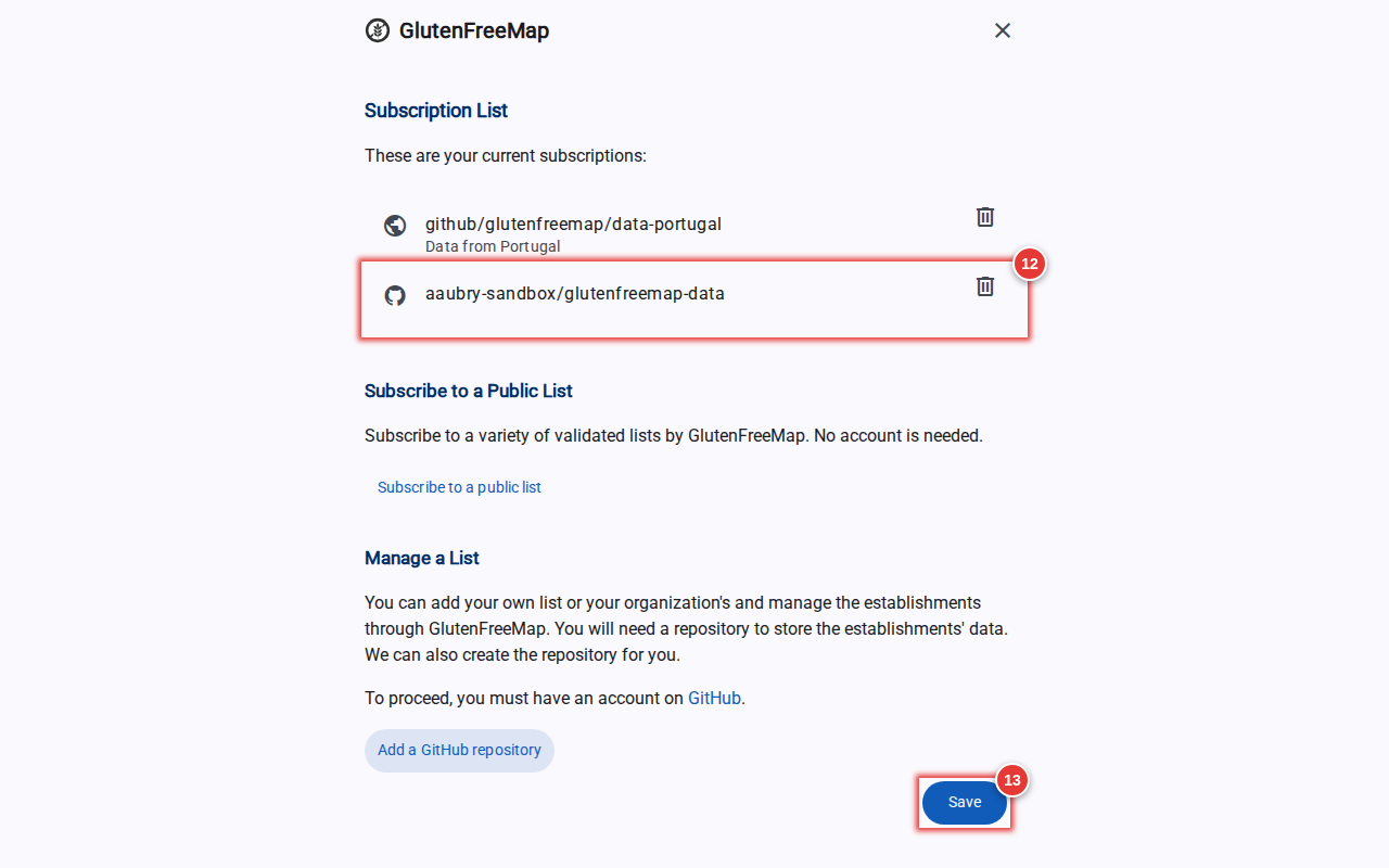 Screenshot of the settings screen, highlighting the newly added repository and the "Save" button.