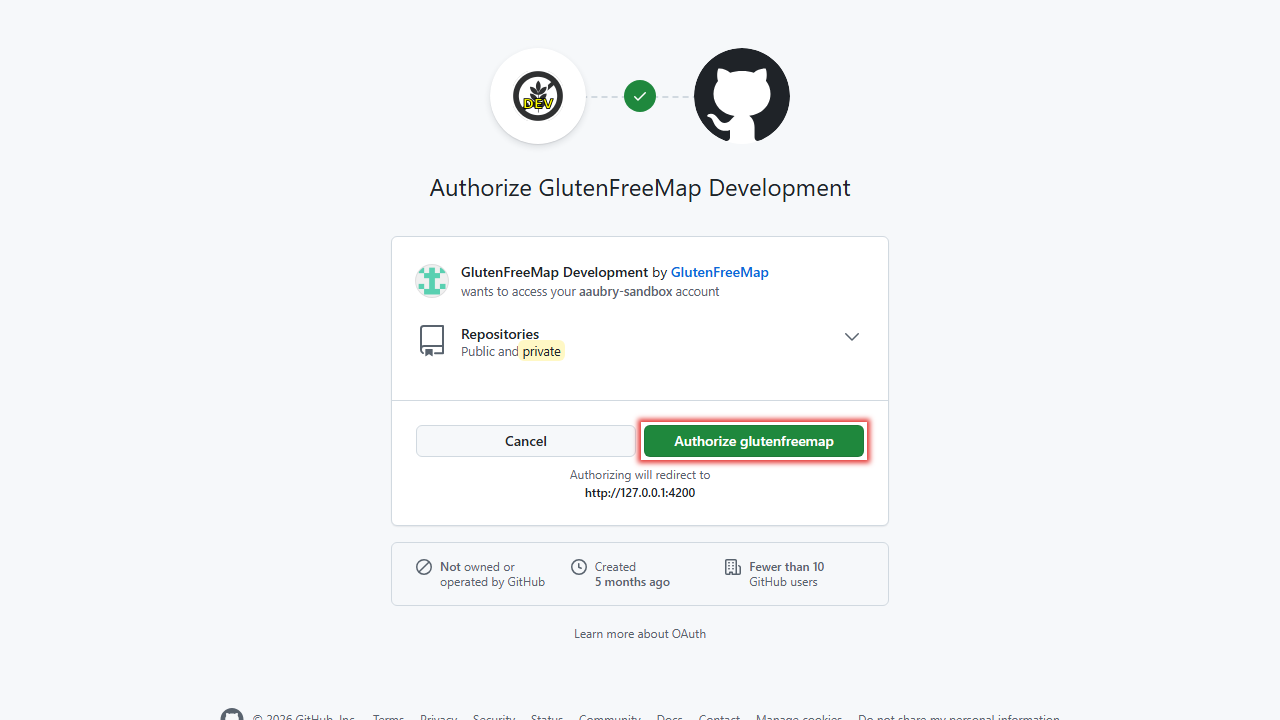 Screenshot of the GitHub authorization screen, highlighting the "Authorize glutenfreemap" button.