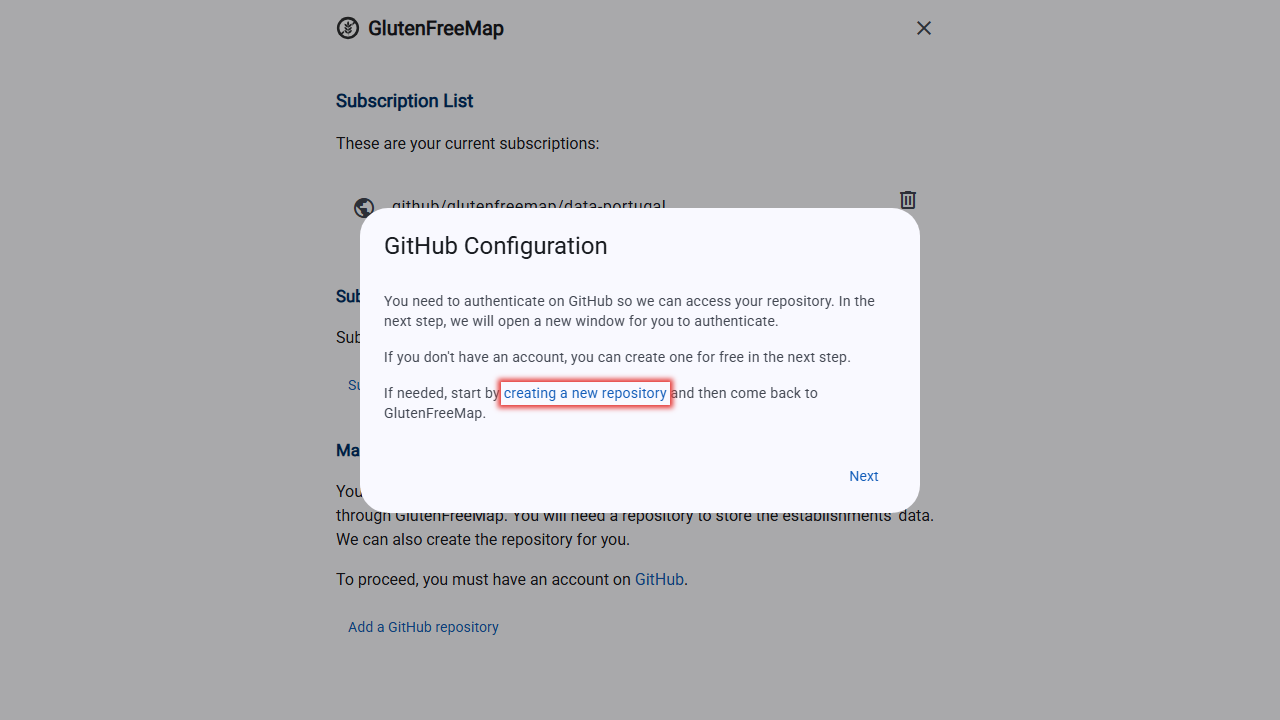 Screenshot of the GitHub configuration screen, highlighting the "creating a new repository" button.