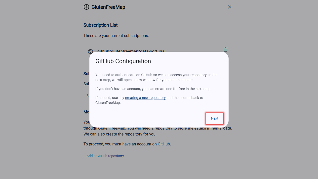 Screenshot of the GitHub configuration screen, highlighting the "Next" button.