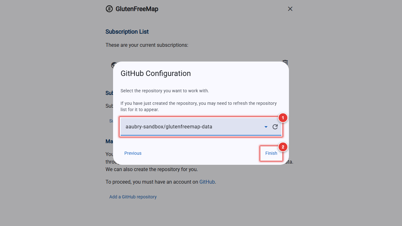 Screenshot of the GitHub configuration screen, highlighting the repository selector and the "Finish" button.