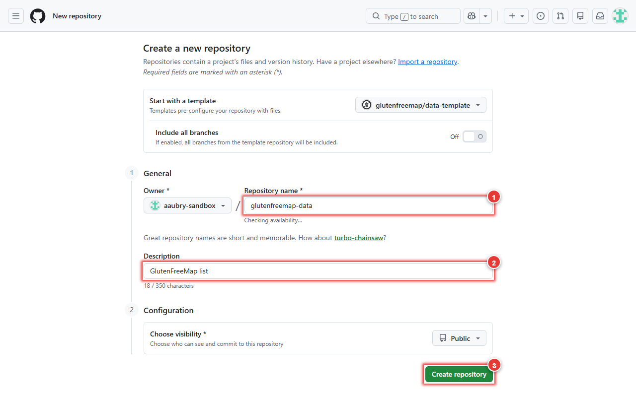 Screenshot of the GitHub repository creation page.