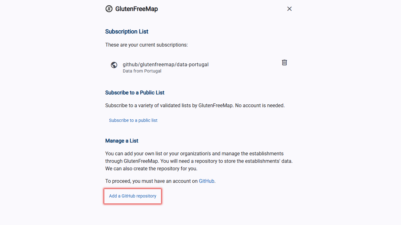 Screenshot of the settings screen, highlighting the "Add a GitHub repository" button.